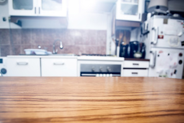 Blurred kitchen interior with desk space