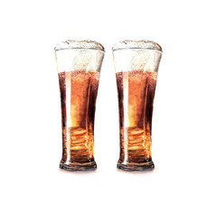 Watercolor illustration of two glasses of beer on a white background