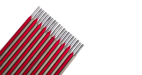 Red Welding electrodes, welding equipment, electrodes, isolated on white background, consumables for welding