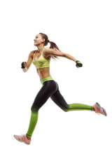 Running athlete on a white background, jump to the finish line, flying girl