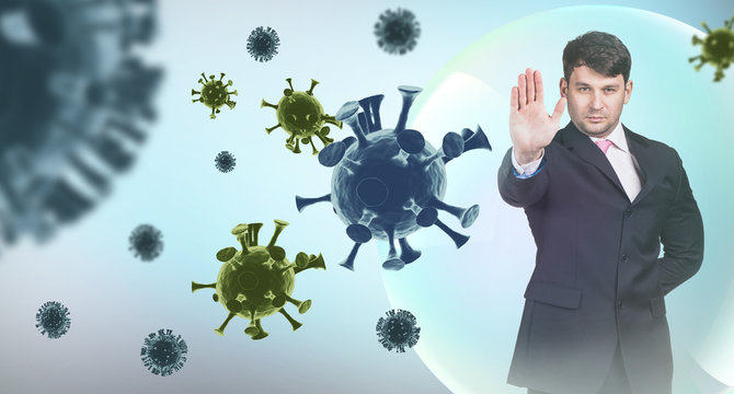 Young businessman shows stop sign among coronavirus cells. - Powered by Adobe