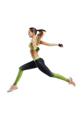 Running athlete on a white background, jump to the finish line, flying girl