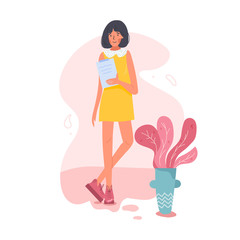 Happy businesswoman in full height. Se is holding the office desk. Interwiewer, worker, designer or anybody. Old fashioned clothes and shoes. Isolated cartoon flat vector illustration.