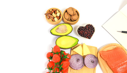 Healthy foods selection of Ketogenic low carbs diet concept on white background