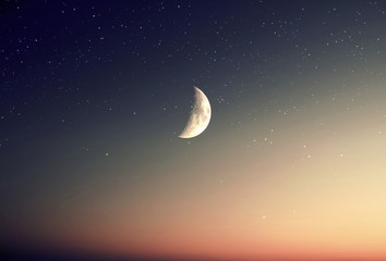 moon and starry night at sunset sea ,milky way dark blue pink cloudy sky sunset light reflection on water wave cosmic universe horizon boat skyline nature landscape © Aleksandr