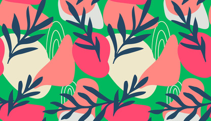 Fototapeta na wymiar Seamless pattern of Hand drawn various shapes doodle objects, lines and plant leaf foliage background Colorful floral background for patterns. Abstract vector design illustration