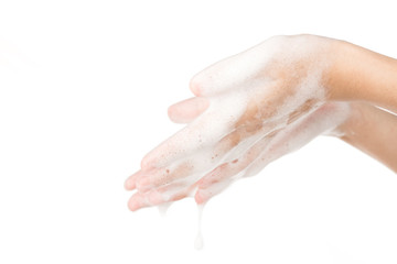 Hand cleaning with soap foam shampoo isolated on white background clean kill coronavirus bacteria covid-19 washing hands