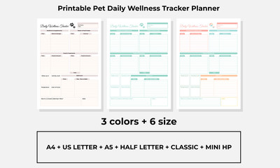 Minimalist pet daily wellness tracker planner pages templates vector paper A4, US Letter, A5, Half Letter, Classic and Mini hp Ai, EPS 10 and PDF File

