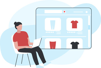 Vector concept illustration of a woman piking clothes from laptop screen, looking through items in an online store. It represents a concept of online shopping, website design or modern landing page