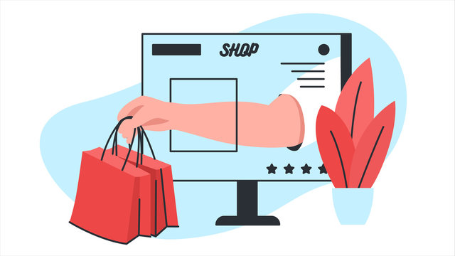 Vector image of a hand giving packages of goods through a computer screen with online store interface. It represents a concept of online shopping, website design, customer service and product delivery