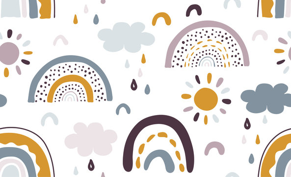 Seamless vector pattern with hand drawn rainbows and sun.