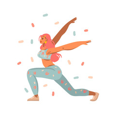 Hand drawn vector abstract stock graphic illustration with young happy female engaged in fitness in a sports form at home and abstract confetti isolated on white background