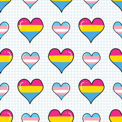 Cute transgender pansexual heart cartoon seamless vector pattern. Hand drawn isolated pride flag for LGBTQ blog. Gay love on stripe background all over print. Community tolerance tile. 