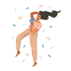 Hand drawn vector abstract stock graphic illustration with young happy female dries hair with a hairdryer and dances at home and abstract confetti isolated on white background