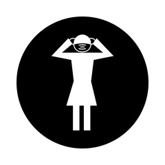 female figure using face mask with headache health pictogram block style