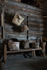 Birch bark box, a backpack made of wood, bag of bark, an old backpack in the interior