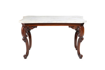 Isolated William IV Antique Rosewood Centre Table with White Marble Top straight-on view. 19th century