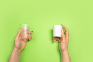 Cups. Eco-friendly life - organic made recycle things in compare with polymers, plastics analogues. Home style, natural products for recycle and not harmful to the environment and health.