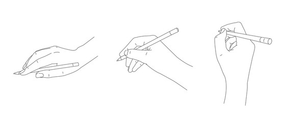 Set of sketch line illustrations of hand holding pen and writing or drawing in three different gesture positions