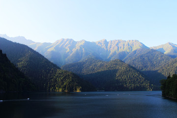 Fototapeta na wymiar Caucasus mountains an lake panoramic view