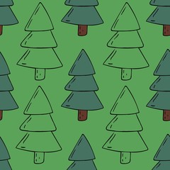 vector seamless pattern, christmas trees on green background