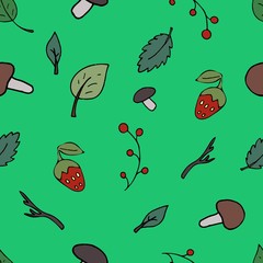 vector seamless pattern, mushrooms, berries and twigs on a green background