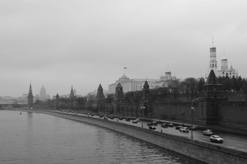 Monochrome Moscow Kremlin view from the bridge to the river. Russia