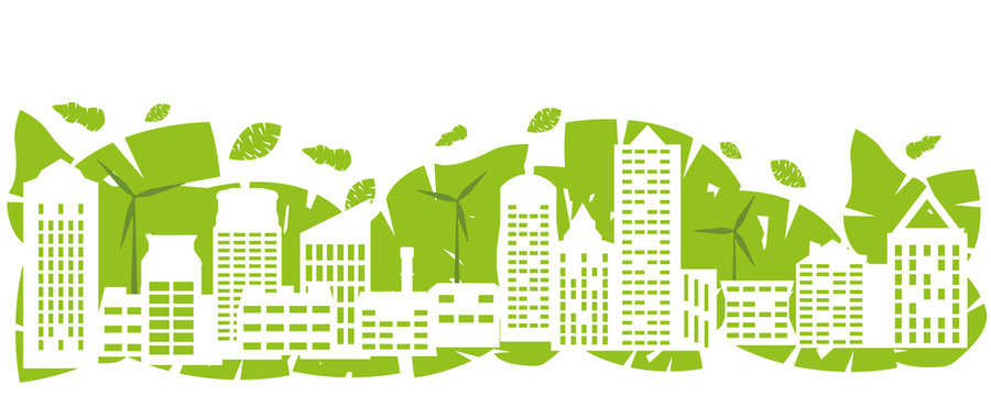 Abstract green town with renewable energy and wind generators. Environment conservation and ecology concept.