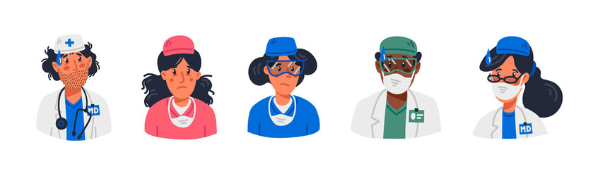 Fototapeta premium Doctor. Stay home. tired faces of medical workers wearing masks and uniforms. Medical team in conditions of coronavirus pandemic, covd-19 quarantine. Flat style vector illustration.