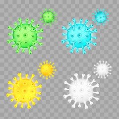 Covid-19 Chinese coronavirus set under the microscope on a transparent background. Vector 3d illustration. Pandemic, disease. Floating China pathogen respiratory influenza covid virus cells