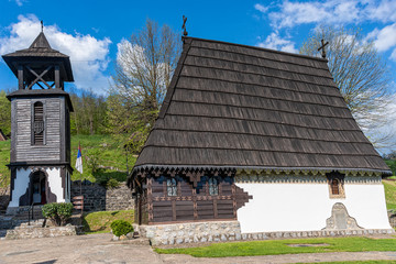 Krupanj, Serbia - April 19, 2019: Dobri Potok is a church park, formed as a unique spiritual and cultural center, around a church dedicated to the Assumption of the Blessed Virgin Mary in Krupanj.