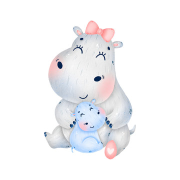Cute cartoon mother and baby hippos hug on a white background