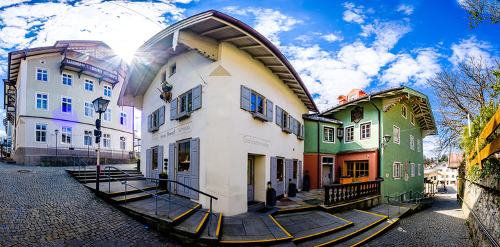 Miesbach, Germany - April 12: typical historic bavarian buildings at the old town of Miesbach on April 12, 2020