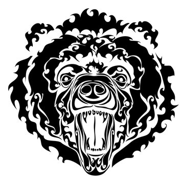 big evil bear head on a white background in black style, isolated object on a white background, vector illustration,