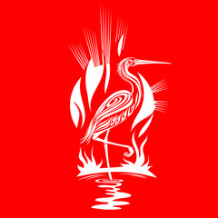 stylized heron on a lake against the setting sun, isolated object on a red background, vector illustration,