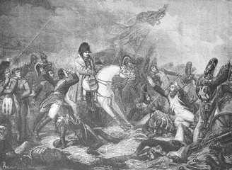 Picture of fight of Napoleon at Waterloo (18th of June, 1815); From the picture of Shteuben in the old book The History of Napoleon I, by Peer, 1893