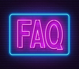 FAQ Frequently asked questions neon sign on brick wall background. Vector illustration.