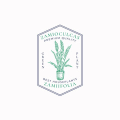Zz Plant Badge or Logo Template. Hand Drawn Potted Zamioculcas with Leaves Sketch with Retro Typography and Borders. Vintage Premium Home Gardening Emblem in a Frame.