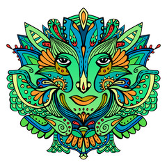 Colorful ornate face of a fairytale elf. Hand-drawn ethnic ornate godess. Tribal tattoo. Vector illustration.