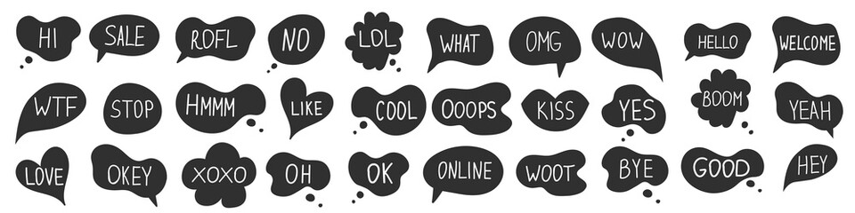 Hand draw big set bubble talk phrases. Online chat clouds with different words comments information shapes vector isolated on white background