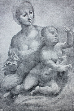 Etudes of woman with a child in a vintage book Leonard de Vinci, author A. Rosenberg, 1898, Leipzig