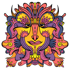 Colorful ornate face of a fairytale elf. Hand-drawn ethnic ornate godess. Tribal tattoo. Vector illustration.