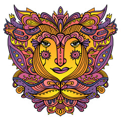 Colorful ornate face of a fairytale princess. Hand-drawn ethnic ornate godess. Tribal tattoo. Vector illustration.