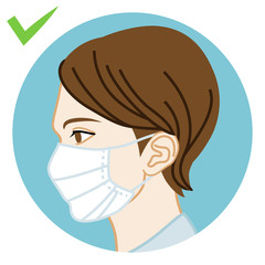Young woman wearing a face mask correctly - side view, circular clip art