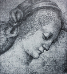 Head of young woman by Leonardo Da Vinci in a vintage book Leonard de Vinci, author A. Rosenberg,...