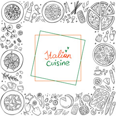 Set of Italian cuisine food isolated on white background. Doodle. Vector illustration. Perfect for food menu design template.