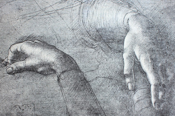 Etude of hands for Jaconda by Leonardo Da Vinci in a vintage book Leonard de Vinci, Eugene Muntz,...