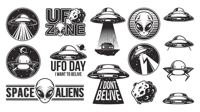 Aliens logo big set. Ufo Day. Meteor, asteroid. Badges with spaceships and abduction. Civiliztion research labels. Vector illustration.