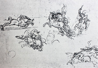 Sketches of horses, pencil drawing by  Leonardo da Vinci in the vintage book Leonardo da Vinci by...