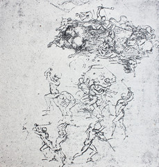 Sketches of war, horses, pencil drawing by  Leonardo da Vinci in the vintage book Leonardo da Vinci...